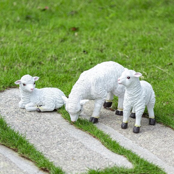 White Resin Grass-eating Lamb Figurine Statue Decorative Animal Sculpture - Picture 5 of 6
